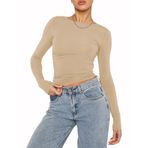OYIGELZ Crop Tops Y2K Casual Haki-06 Uzun Kollu Yuvarlak Yaka Kadın T-shirt