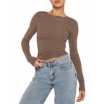 OYIGELZ Crop Tops Y2K Casual Kahverengi-06 Uzun Kollu Yuvarlak Yaka Kadın T-shirt