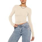 OYIGELZ Crop Tops Y2K Casual Kayısı-06 Uzun Kollu Yuvarlak Yaka Kadın T-shirt