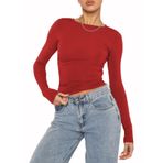 OYIGELZ Crop Tops Y2K Casual Kırmızı-06 Uzun Kollu Yuvarlak Yaka Kadın T-shirt