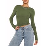 OYIGELZ Crop Tops Y2K Casual Ordu Yeşili-06 Uzun Kollu Yuvarlak Yaka Kadın T-shirt