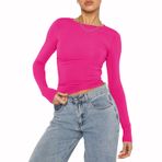 OYIGELZ Crop Tops Y2K Casual Pembe-06 Uzun Kollu Yuvarlak Yaka Kadın T-shirt
