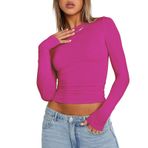 OYIGELZ Crop Tops Y2K Casual Pembe-R1 Uzun Kollu Yuvarlak Yaka Kadın T-shirt