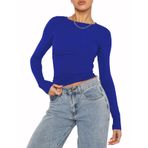 OYIGELZ Crop Tops Y2K Casual Safir Mavi-06 Uzun Kollu Yuvarlak Yaka Kadın T-shirt