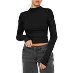 OYIGELZ Crop Tops Y2K Casual Siyah-Z1 Uzun Kollu Yuvarlak Yaka Kadın T-shirt