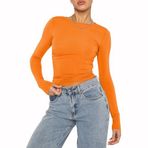 OYIGELZ Crop Tops Y2K Casual Turuncu-06 Uzun Kollu Yuvarlak Yaka Kadın T-shirt