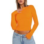 OYIGELZ Crop Tops Y2K Casual Turuncu-R1 Uzun Kollu Yuvarlak Yaka Kadın T-shirt