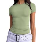 OYIGELZ Kadın tişörtü, klasik kesim, basic kısa kollu, Crop Top Y2K Slim Fit üst giyim, gündelik, yuvarlak yaka tişört, Açık yeşil-d1, L