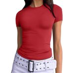 OYIGELZ Kadın tişörtü, klasik kesim, basic kısa kollu, Crop Top Y2K Slim Fit üst giyim, gündelik, yuvarlak yaka tişört, Kırmızı-d1, XL
