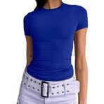 OYIGELZ Kadın tişörtü, klasik kesim, basic kısa kollu, Crop Top Y2K Slim Fit üst giyim, gündelik, yuvarlak yaka tişört, Mavi, XL