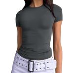 OYIGELZ Kadın tişörtü, klasik kesim, basic kısa kollu, Crop Top Y2K Slim Fit üst parça, gündelik, yuvarlak yaka tişört, Gri, XXL