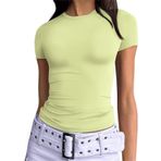 OYIGELZ Kadın tişörtü, klasik kesim, basic kısa kollu, Crop Top Y2K Slim Fit üst parça, gündelik, yuvarlak yaka tişört, Ihlamur yeşili d1, S