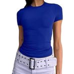 OYIGELZ Kadın tişörtü, klasik kesim, basic kısa kollu, Crop Top Y2K Slim Fit üst parça, gündelik, yuvarlak yaka tişört, Mavi, XXL