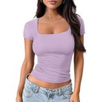 OYIGELZ Tişört Kadın Basic Kısa Kollu Y2K Slim Fit Üst Parça Klasik Kesim Crop Tops Tek Renkli Tişört Atlet Yazlık Günlük Tişört, Açık lila-f1, XXL