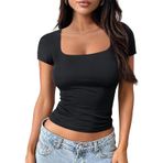 OYIGELZ Tişört Kadın Basic Kısa Kollu Y2K Slim Fit Üst Parça Klasik Kesim Crop Tops Tek Renkli Tişört Atlet Yazlık Günlük Tişört, Siyah-f1, XS