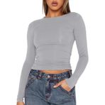OYIGELZ Uzun kollu tişört, kadın, klasik, basic Crop üst, yuvarlak yaka, slim fit, Y2K üst giyim, gündelik, sokak giyimi, tişört, Açık gri-q1, XL