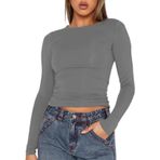 OYIGELZ Uzun kollu tişört, kadın, klasik, basic Crop üst, yuvarlak yaka, slim fit, Y2K üst giyim, gündelik, sokak giyimi, tişört, Gri-Q1, M
