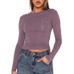 OYIGELZ Uzun kollu tişört, kadın, klasik, basic Crop üst, yuvarlak yaka, slim fit, Y2K üst giyim, gündelik, sokak giyimi, tişört, Lila gri-q1, XL