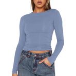 OYIGELZ Uzun kollu tişört, kadın, klasik, basic Crop üst, yuvarlak yaka, slim fit, Y2K üst giyim, gündelik, sokak giyimi, tişört, Sis mavi-q1, XXL