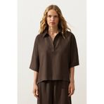 Oysho Oversize kısa kollu %100 keten polo gömlek