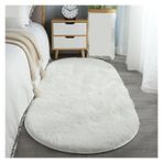Oyun Odası ve Yatak Odası için Kabarık Oval Parça Halı - Ev Dekoru için Peluş İç Mekan Halısı, Yemek Odası için Dekoratif Zemin Paspası, Vestiyer - 60x160 cm, Beyaz