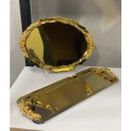 Özbience Gold Kaplama Oval ve Dikdörtgen Kulplu Servis ve Sunum Tepsisi - Altın - Seçenek 1