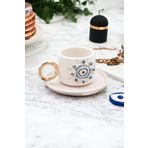 Özce Art Ceramic Atelier Nazar Serisi Büyük Nazar Boncuğu Desenli 24k Altın Detaylı Türk Kahvesi Fincan ve Tabak