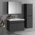 Özceden Aynalı Boy Dolaplı Banyo Dolabı Takımı 65+35 cm Seramik Lavabolu Komple Mdf - Antrasit Gri Mat