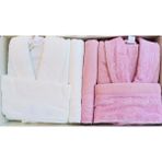 Özdilek 6 Parça Güpürlü Fidelya Aile Bornoz Seti - Krem - Pembe - M - L