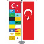 Özel Flama Bayrak Türk Devletleri ve Türk Bayrağı T Model Masa Bayrak Seti 1 Adet Çift Taraflı Saten