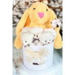 Özel Kutuda, Sarı Jellycat Tavşan, 5 Beyaz Ayıcık – Pamuk Çiçeği Dokunuşlu, Özel Ayıcık Buketi - 50 cm