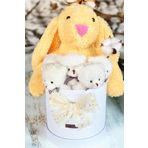 Özel Kutuda, Sarı Jellycat Tavşan, 5 Beyaz Ayıcık – Pamuk Çiçeği Dokunuşlu, Özel Ayıcık Buketi