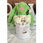 Özel Kutuda, Yeşil Jellycat Tavşan, 5 Beyaz Ayıcık – Pamuk Çiçeği Dokunuşlu, Özel Ayıcık Buketi