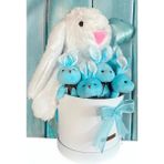 Özel Kututusunda; 45 cm Beyaz Jellycat Tavşan, 5'li Tavşancıklar ve Folyo Kalp Balonlu Set-Ayıcık Buketi - 50 cm