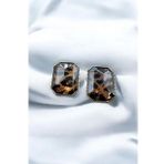 Özel Seri Kare Leopar Desen Minimalist Çivi Model Gold Çerçeve Kadın Çelik Küpe