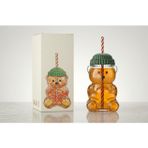 Özel Tasarım Ayıcık Figürlü Cam Matara ve Pipetli Bardak | Çocuklar İçin Sevimli Su ve Meyve Suyu Şişesi, 18 cm x 10 cm, Bere Şapka Kapaklı