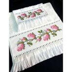 Özel Tasarım Kanaviçe Nakış Işlemeli Kadife Etamin Çeyizlik 2'li Havlu Seti - 50 x 90 cm - Krem