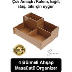Özel Üretim 4 Bölmeli Masa Üstü Ahşap Kalem Kağıt Ataş Takı Organizeri Düzenleyici Kutu Ofis Masası - Kahve - Diğer