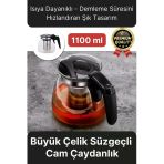 Özel Üretim Isıya Dayanıklı Bitki Çayı Şeffaf Büyük Çelik Süzgeçli Cam Çaydanlık Demlik 1.1 Litre