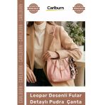 Özel Üretim Omuz Çantası Zincir Askılı Deri Leopar Desenli Fular Detaylı Pudra Pembesi Çanta