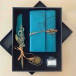 Özel Üretim Osmanlı Nostaljik Divit Hokka Seti ve Deri Kapaklı Vintage Eskitme Sayfa Çizgisiz, Spiralli, Bağcıklı, Yaprak Desenli, Günlük, Anı, Hatıra Defteri Hediyelik Kutulu Set - MAVİ