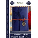 Özel Üretim Vintage Eskitme Şık Günlük Hediye Ajanda Hatıra Lacivert Yaprak Desenli Deri Defter