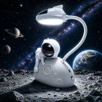 Özeltasarım Ay Üstünde Beyaz Astronotlu Gece Lambası Beyaz Led Işıklı Astronotlu Masa Lambası Şarjlı