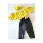 Özge Başaran Kız Çocuk, Likralı Deri Fiyonk Detaylı Pantolon, Sarı Straplez Crop Bluz ve Saç Bandı Takımı. - 7 Yaş - Açık Sarı