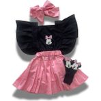 Özge Başaran Kız Çocuk Pembe Siyah Miki Mause Figürlü Pileli Salopet Bandana Çorap Set-6-9 Aydan 5 Yaşa Kadar - Açık Pembe - Siyah