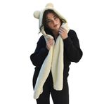Özgüner Oyuncak Kapüşonlu Peluş Bere, Pelüş Atkı,Rüzgar Geçirmez Atıkı, Yumuşacık Welsoft Polar Boyunluk Şalı,Pelüş Boyunluk,Ayıcıklı Atkı (Krem)