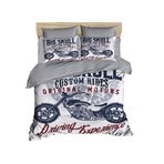 OZINCI DecoMood Benzersiz Tasarım 3D Motosiklet Nevresim Takımı, Vintage Motosiklet Temalı Yorgan/Nevresim Takımı, Gri Beyaz, 4 Parça, Queen Boy (Queen)