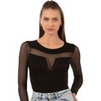 Özkan 25261 Kadın Viskon Uzun Kollu Tül Detaylı Örme Çıtçıtlı Body - Siyah - XL