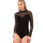 Özkan 25633 Kadın Ring Viskon Yarım Balıkçı Yaka Tül Detaylı Uzun Kollu Kancalı Çıtçıtlı Body - Siyah