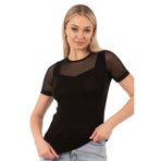 Özkan 26981 Kadın Premium Yumuşak Rahat Kumaş Ring Viskon Slim Fit Bisiklet Yaka Tül Detaylı Kısa Kollu Örme Bluz SİYAH